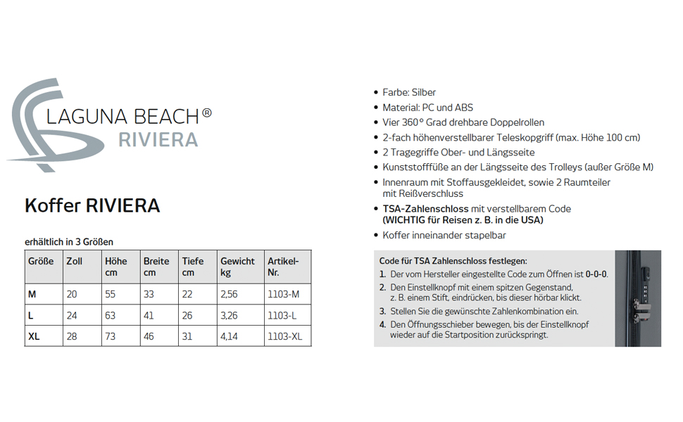 Валіза Riviera Hard Shell середня, Візок Валіза на колесах Дорожня валіза TSA Lock (L), сріблястий