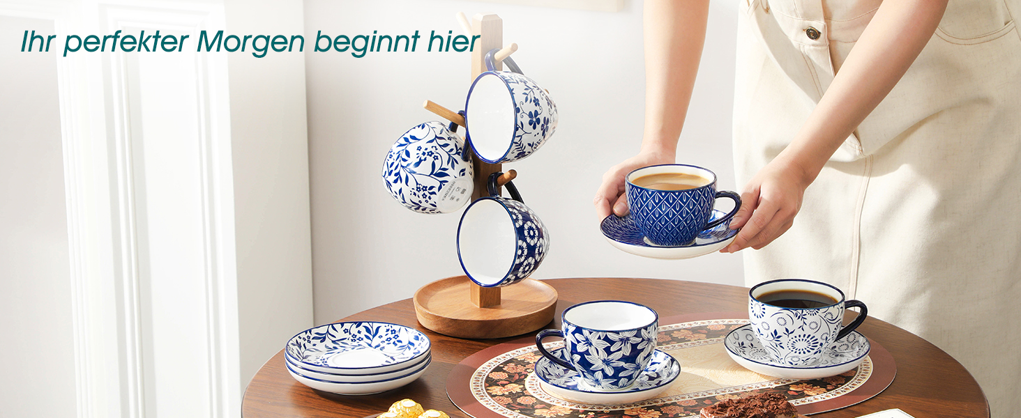 Набір кавових чашок Vancasso Selene, 6 шт., 360 мл, блакитно-білий вінтажний дизайн, для кави, молока, чаю та какао