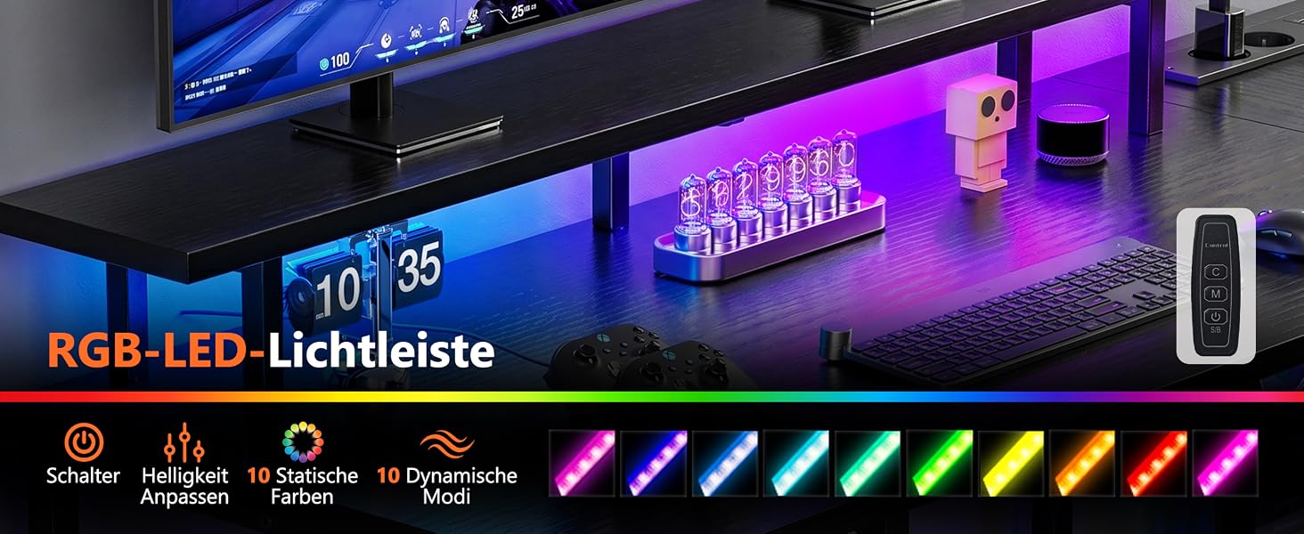Кутовий ігровий стіл YOUDENOVA L-подібний з LED-підсвіткою, 4 шухлядами, розеткою та полицею для монітора, чорний, 142x107 см