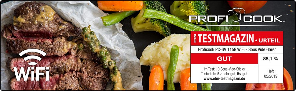 ProfiCook® Sous Vide Garer PC-SV 1159: Су-від прилад з Wi-Fi, 1000 Вт, діапазон температур 0-90°C, автоматичні програми, корпус з алюмінію, LED дисплей, функція автоматичного вимкнення