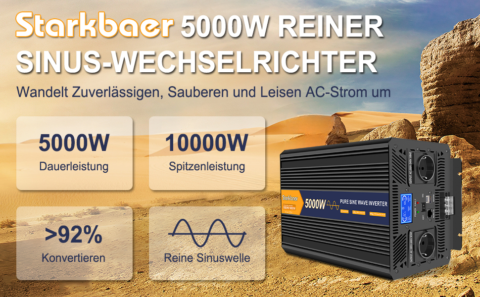 Інвертор Starkbaer 1500 Вт/3000 Вт Перетворювач напруги від 12 В до 230 В Перетворювач напруги з чистою синусоїдою Автомобільний перетворювач з РК-екраном, пультом дистанційного керування, 2 розетками змінного струму ЄС, 1 портом Type-C і 1 портом USB (5000W24V)