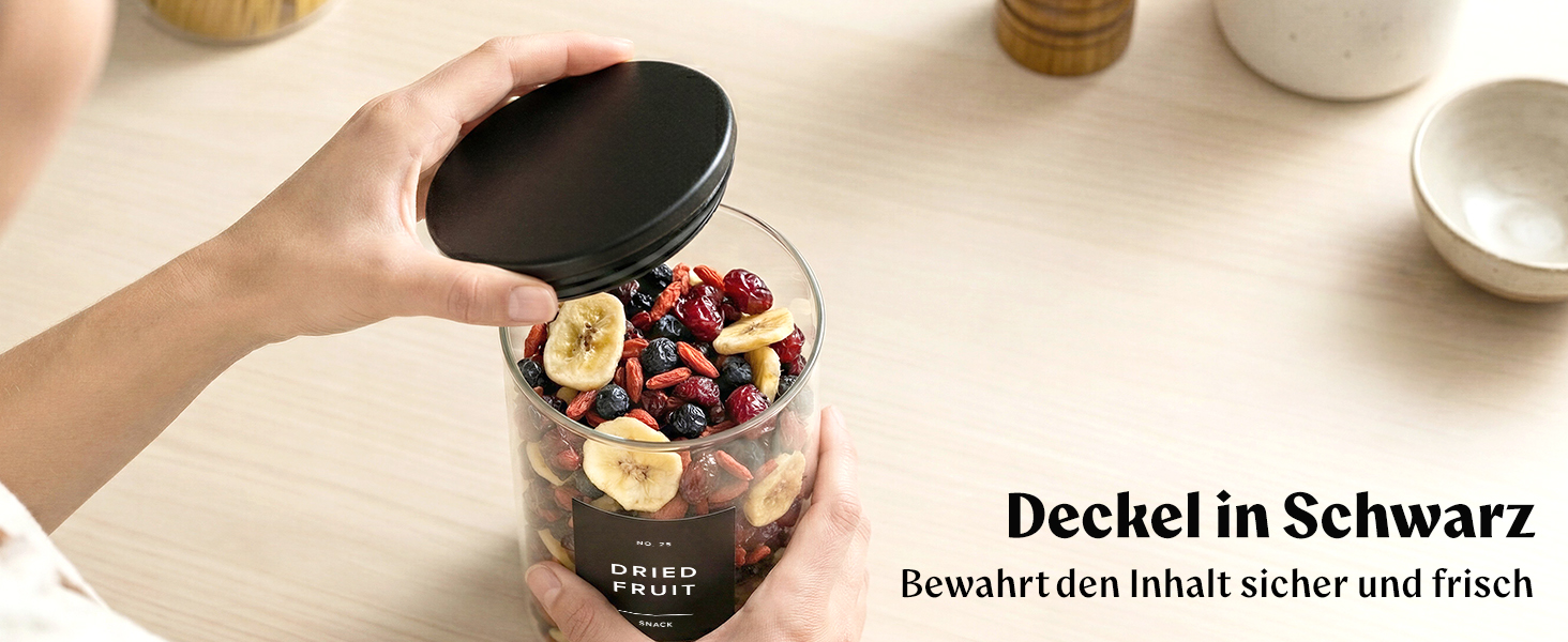 Набір скляних контейнерів для продуктів EDELHAUS з чорними кришками (5 шт.), органайзер для кухні з 54 етикетками для борошна, цукру, кави та чаю (2000мл, 1400мл, 650мл)