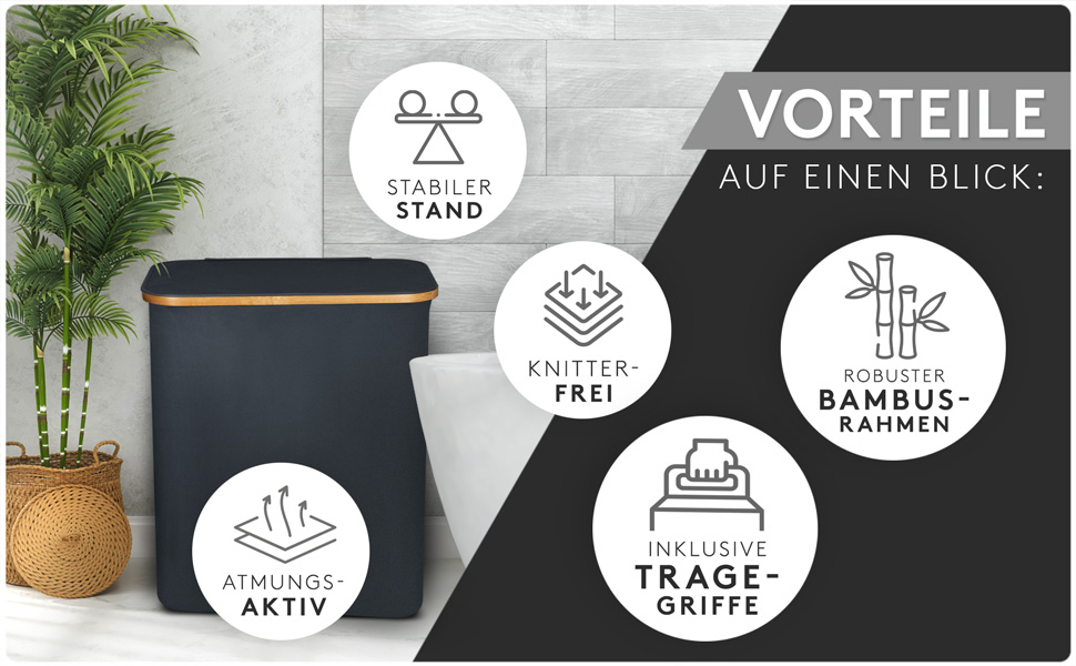 Кошик для білизни з кришкою 145L, водовідштовхуючий, 3 відділення, знімні мішки для білизни, складна коробка для білизни з інструкціями по пранню