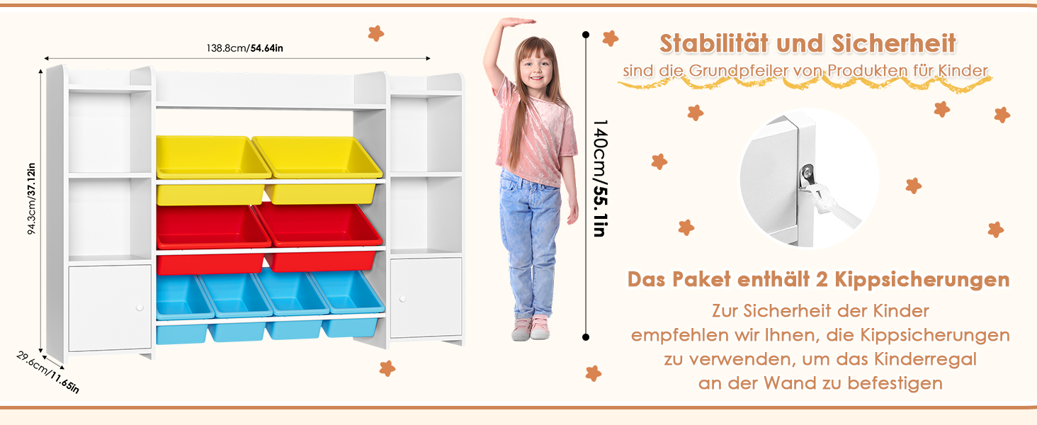 FOREHILL Регульована полиця для іграшок з 8 ящиками, дитячий шафчик, книжкова полиця для дітей, органайзер для іграшок, меблі для дитячої кімнати з іграшковою коробкою, 138,8 x 94,3 x 29,6 см, білий (білий з червоним)