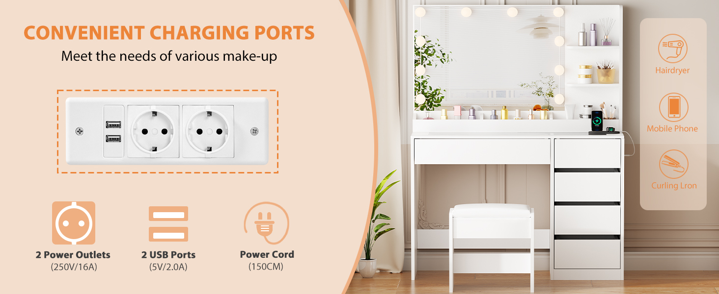 Трюмо з LED-підсвічуванням та пуфом ANWBROAD BDT74W, з дзеркалом, розетками та 5 шухлядами, сучасний білий колір