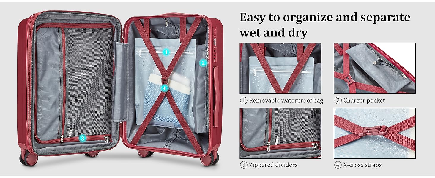 Набір валіз Joyway 4 шт. з жорстким корпусом та TSA-замком. Розширюваний набір валіз, містить 1 велику сумку (Червоний).