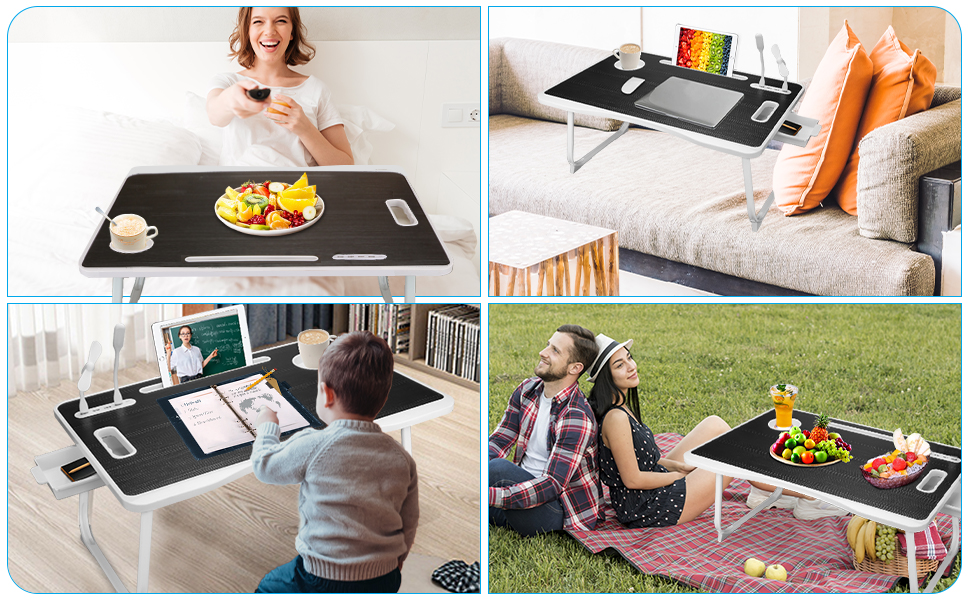 Складаний столик для ноутбука з USB-портом, з ручкою, кишенями для карток, тримачем для напоїв та висувною шухлядою (чорний)