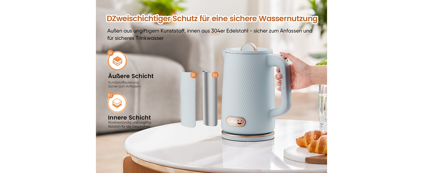 Електричний чайник OLEGA 1.8L, 1800W, нержавіюча сталь, автоматичне відключення, захист від сухого кипіння, блакитний
