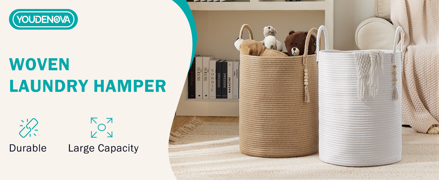 Кошик для білизни YOUDENOVA плетіний, 58L, ручний, з бавовни (білий)