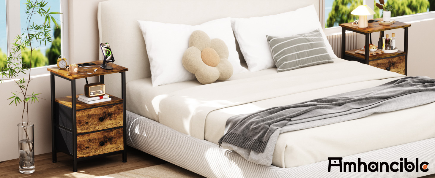 Нічний столик AMHANCIBLE з зарядкою, приліжний столик з висувними ящиками з тканини, журнальний столик з відкритою полицею, з 2 USB-портами та 2 розетками, для спальні, вітальні, HETS020GY-1 (Коричневий)