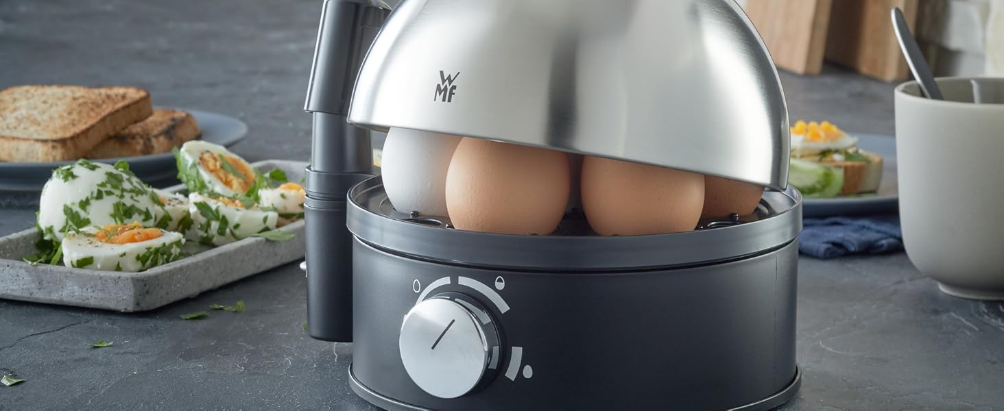 Електричний яйцеварка WMF Stelio: 1-7 яєць, нержавіюча сталь, регулювання ступеня нагріву, функція продовження нагріву, мірний стаканчик