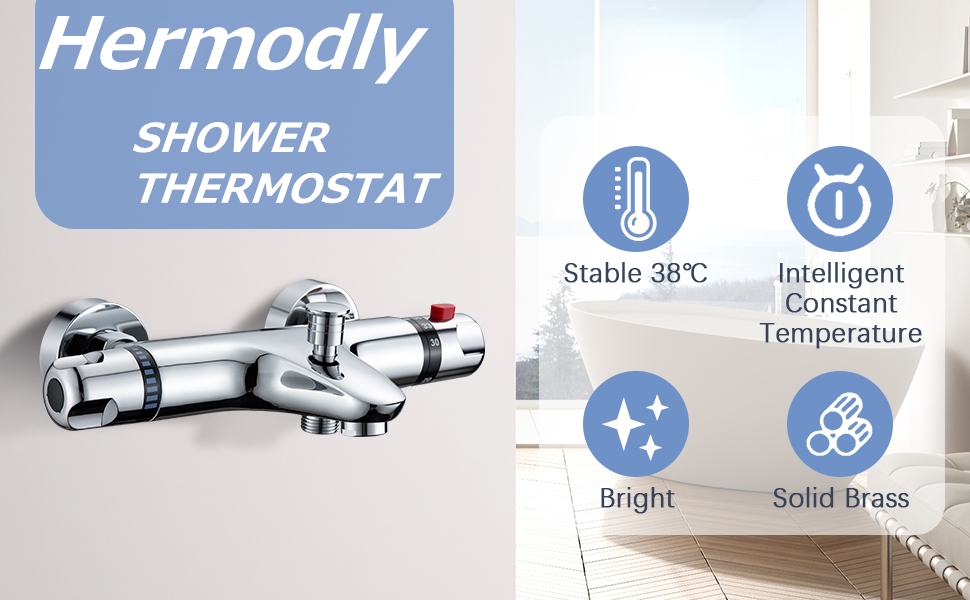 Змішувач для ванни з термостатом, накладний, хром, латунь, з кнопкою безпеки 38°C, для ванни