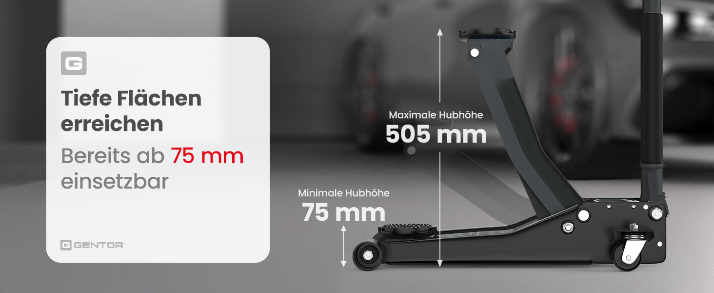 Гідравлічний домкрат 3T низькопрофільний 75-505мм з гумовими накладками для легкових авто та SUV – професійний, посилений, з роликами 360° (антрацит)