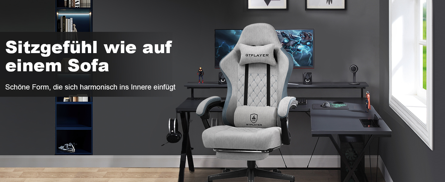Ігровий крісло LUCKRACER з тканини, комп'ютерне крісло для офісу з підніжкою, racing крісло для геймерів, максимальне навантаження 150 кг, регульована спинка 90-135°, ергономічне крісло для ПК, поворот на 360°, сірий колір