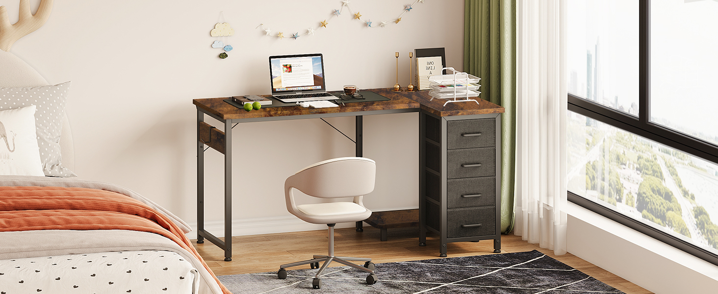 Комп'ютерний стіл кутовий Coleshome 120x70 см з 4 висувними ящиками, для офісу, кабінету, спальні, вінтажний коричневий