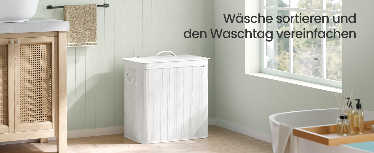 SONGMICS Кошик для білизни з кришкою, 2 відділення, бамбук, складаний, знімний мішок, для прання, з ручками, 120 л, білий