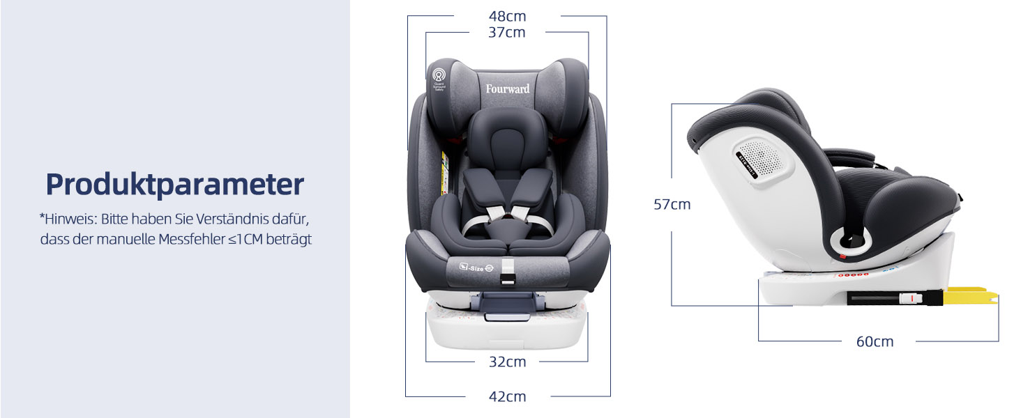 Автокрісло Fourward Baby 360° для дітей 9-36 кг: ISOFIX, 5-точкові ремені, регулювання нахилу, комфорт та безпека (Сірий)