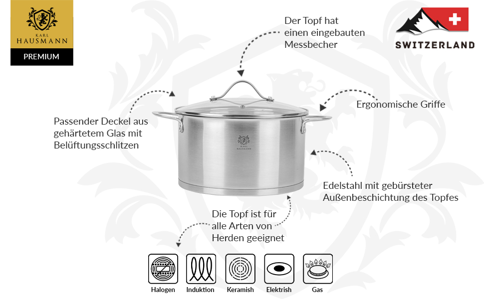 Нержавіюча каструля Karl Hausmann 3.6L, Ø 20 см - каструля з нержавіючої сталі з кришкою для всіх типів плит (індукція)