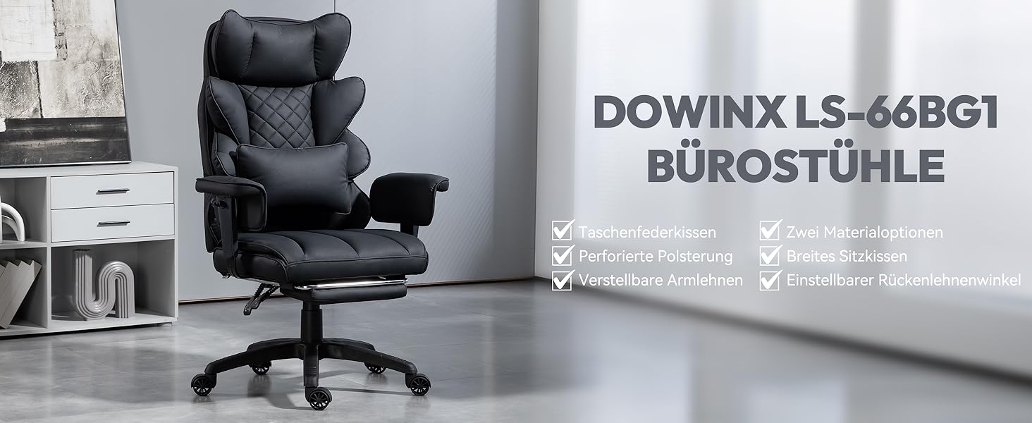 Ігровий крісло Dowinx, ергономічне з кишеньковим пружинним сидінням, крісло для начальника з м'якою спинкою та регульованою поперековою підтримкою, підлокітниками та підставкою для ніг (PU-чорний), чорний PU