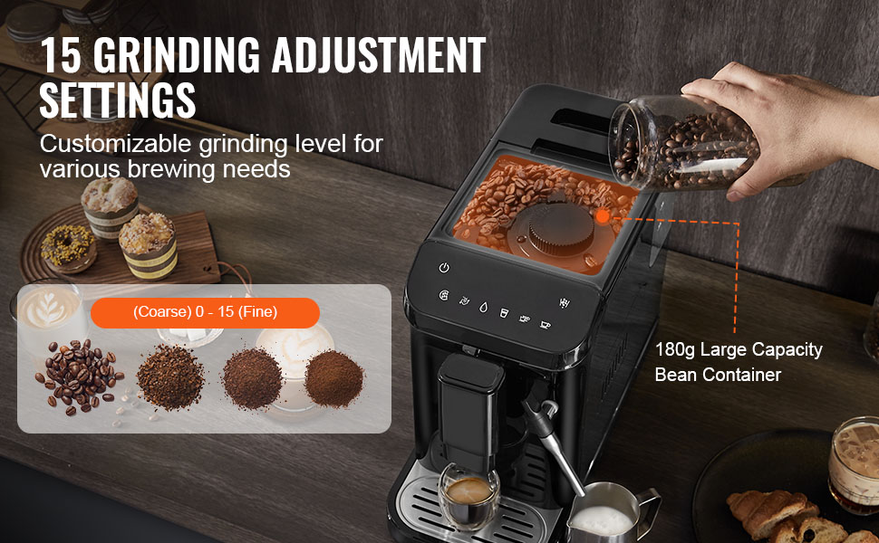 Автоматична кавомашина VEVOR CM9002EA-GS з вбудованою кавомолкою, 15 ступенів помолу, 1,5 л резервуар для води, 180 г контейнер для кавових зерен