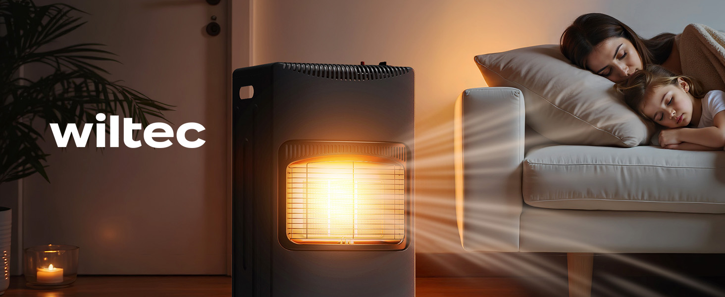 Мобільний газовий обігрівач Wiltec 4,2 кВт з захистом від перекидання, ODS та роликами, сумісний з 13 кг балоном