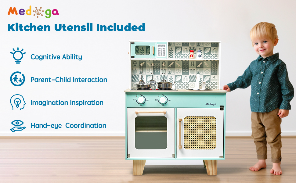 Дитяча дерев'яна кухня для гри - ігровий набір з аксесуарами, 26 предметів, іграшкова кухня для дітей 3+ років, велика зелена кухня