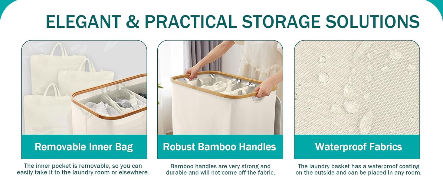 Кошик для білизни Youdenova з кришкою, великий, 160л, бамбук та дерево, сортувальник для білизни, білий