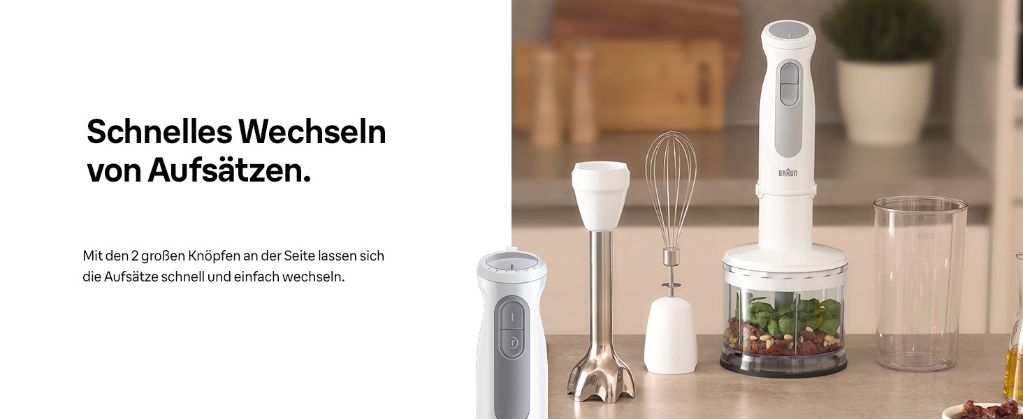 Блендер занурювальний Braun MultiQuick 5 MQ 50236 (білий, 2024) - 1000 Вт, 21 швидкість, нержавіюча сталь, насадки, SplashControl