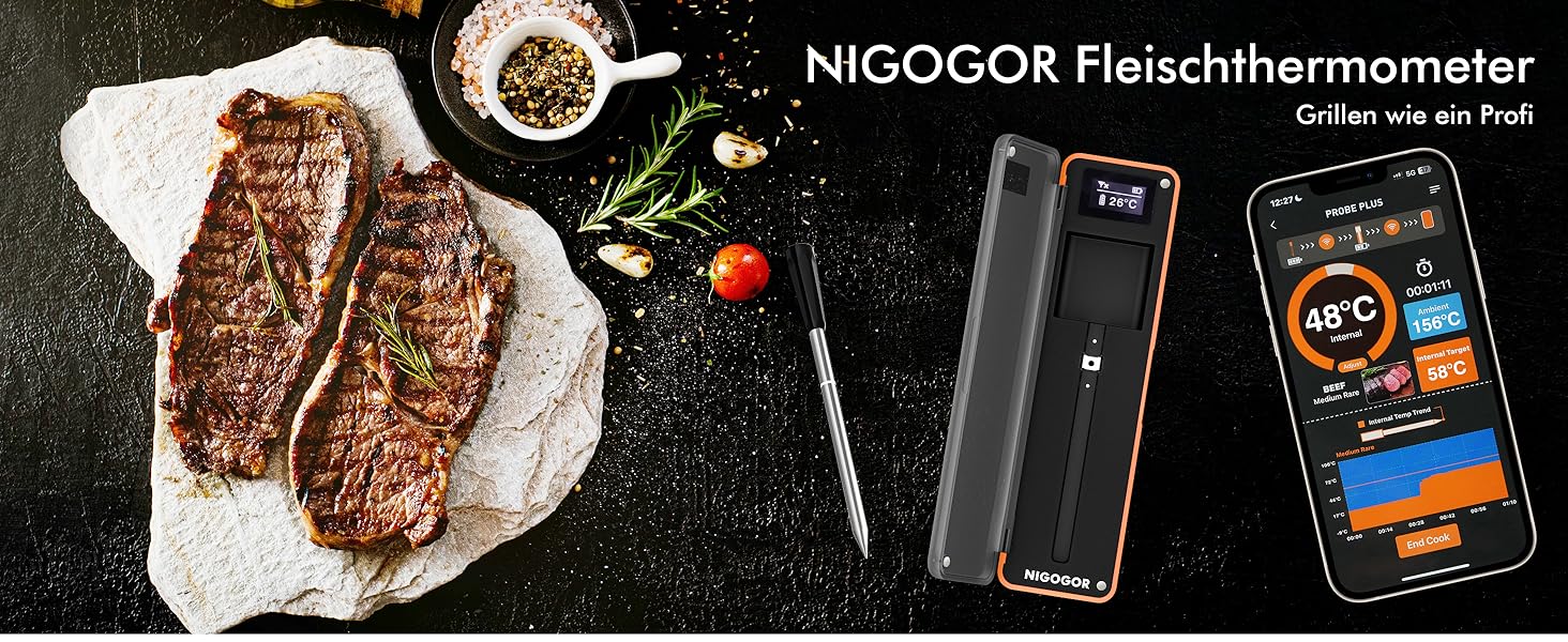 Термометр для м'яса з дистанційним моніторингом 130 м, для гриля, духовки, коптильні та кухні, термометр для гриля, IPX7 водонепроникний, відстеження температури в реальному часі, сумісний з iOS/Android, сріблясто-сірий