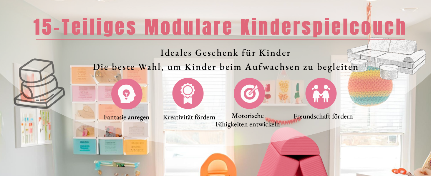 Дитяче ігрове крісло-диван, 15-ти частинний модульний, з сертифікацією Oeko-Tex® 100, з м'якого велюру (рожевий)