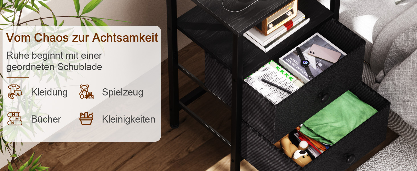 Нічний столик AMHANCIBLE з підзарядкою, приліжний столик з висувними ящиками з тканини, журнальний столик з відкритою полицею, з 2 USB-портами та 2 розетками, для спальні та вітальні, HETS020GY-1 (Чорний)