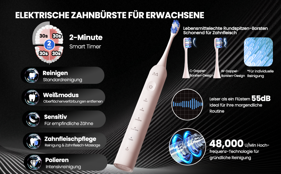 Електрична зубна щітка для дорослих B10PRO-Rosa, 5 режимів, 48000 VPM, IPX8, акумулятор 180 днів, таймер, 4 насадки, чохол