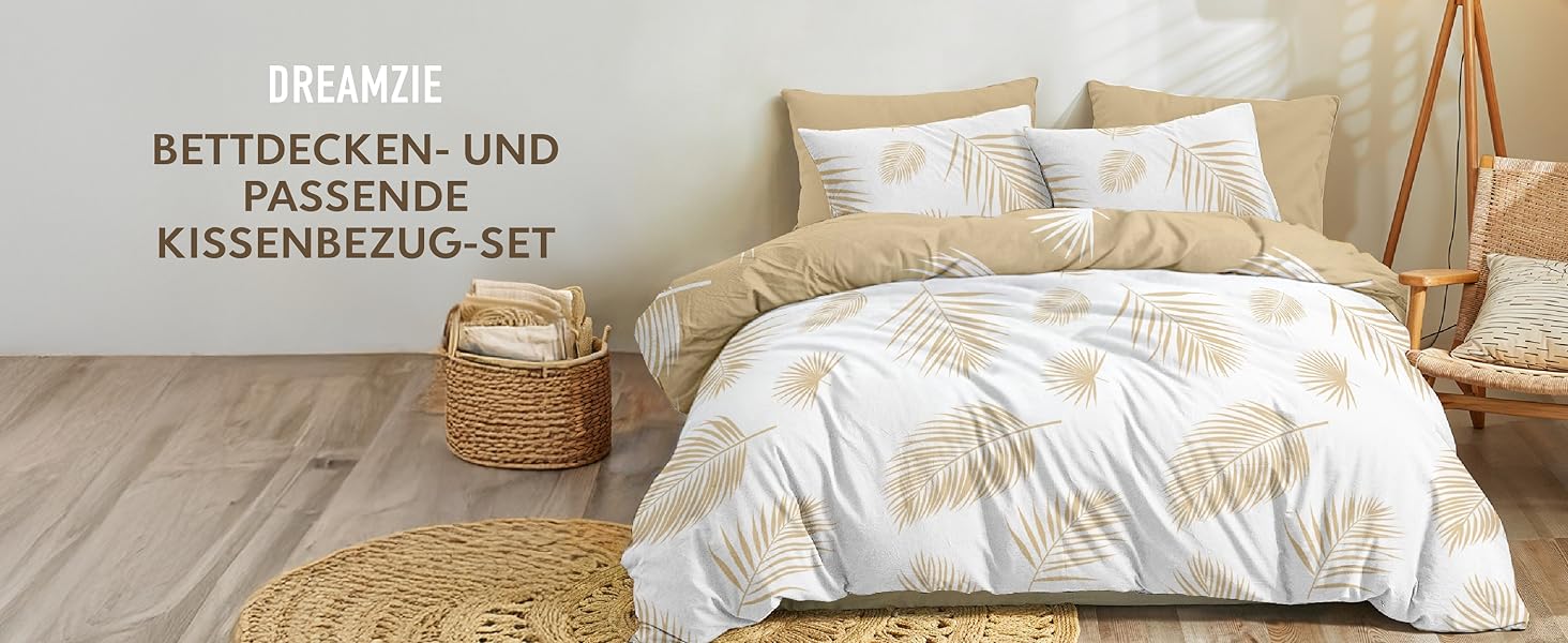 Комплект постільної білизни Dreamzie 200x200 см з 2 наволочками 80x80 см, сірий гілчастий малюнок - постільна білизна для дорослих 200x200 з 100% мікрофібри, сертифікат Oeko TEX без хімікатів (135x200 см + 1 наволочка 50x70 см, бежеві простирадла)