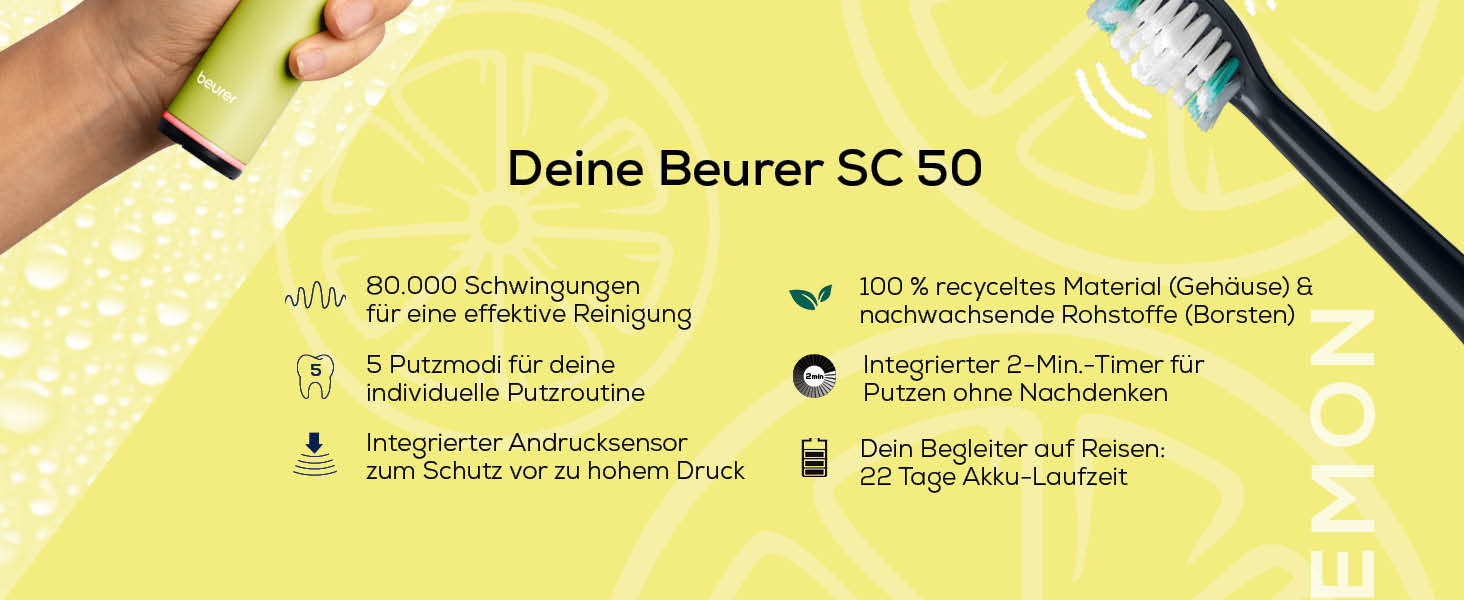 Електрична зубна щітка Beurer SC 30 Schallzahnbürste: 4 режими чищення, 80 000 коливань, таймер, LED-дисплей, 2 насадки, корпус з переробленого пластику (Splashy Lemon)