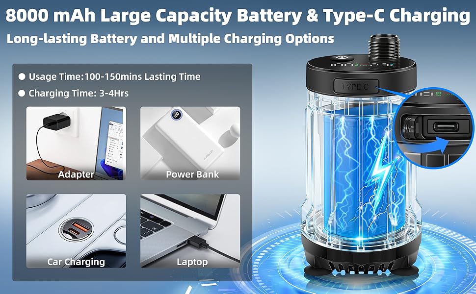 Портативний душ для кемпінгу Uplayteck з помпою та акумулятором 8000mAh, водонепроникний IPX8, мобільний набір з лійкою та шлангом 2м для подорожей, пляжу та відпочинку на природі