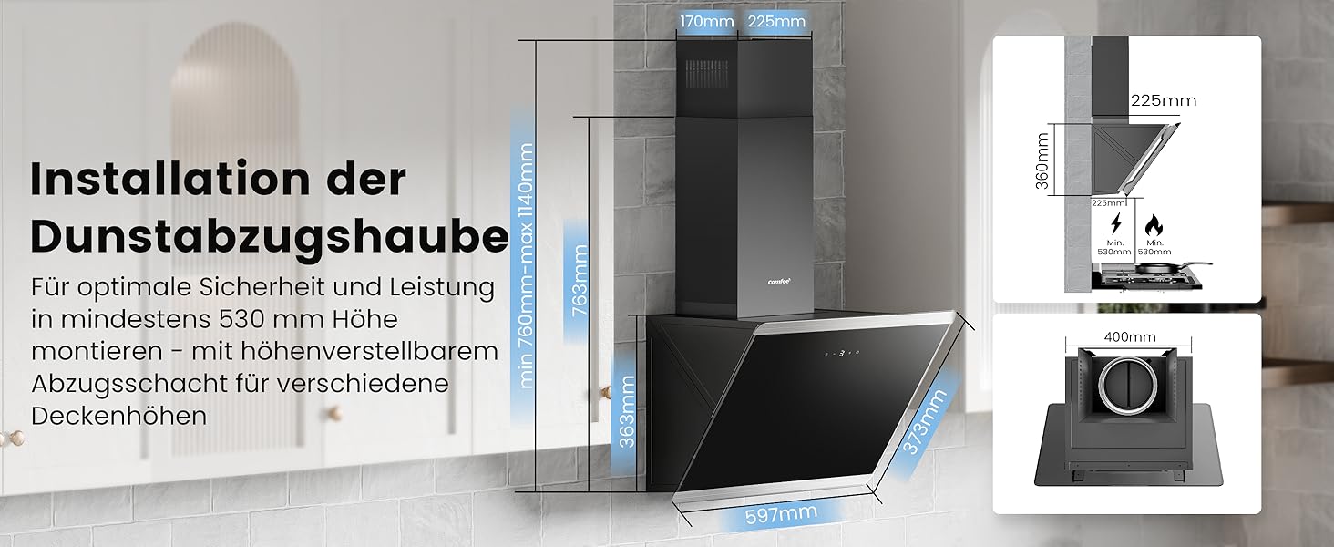 Витяжка для кухні COMFEE' CH60J64ET4A2B 60 см, Edelstahl/Glass, 380 м³/год, сенсорне керування, LED-підсвітка, режим рециркуляції та відведення, чорна