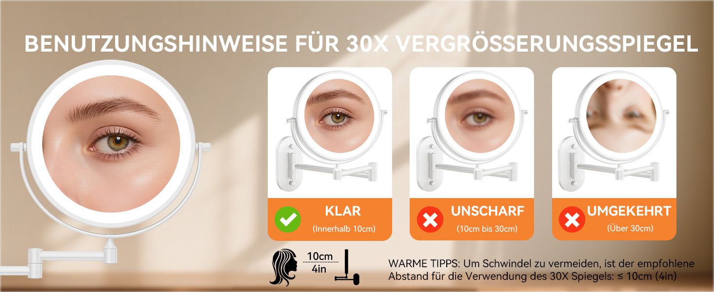 Дзеркало для макіяжу Auxmir з підсвічуванням, 1x, перезаряджуване, з підсвічуванням для гоління, настінне, з регулюванням яскравості, збільшувальне (30x), 3 кольори світла, поворотне на 360°, для ванної кімнати (білий)