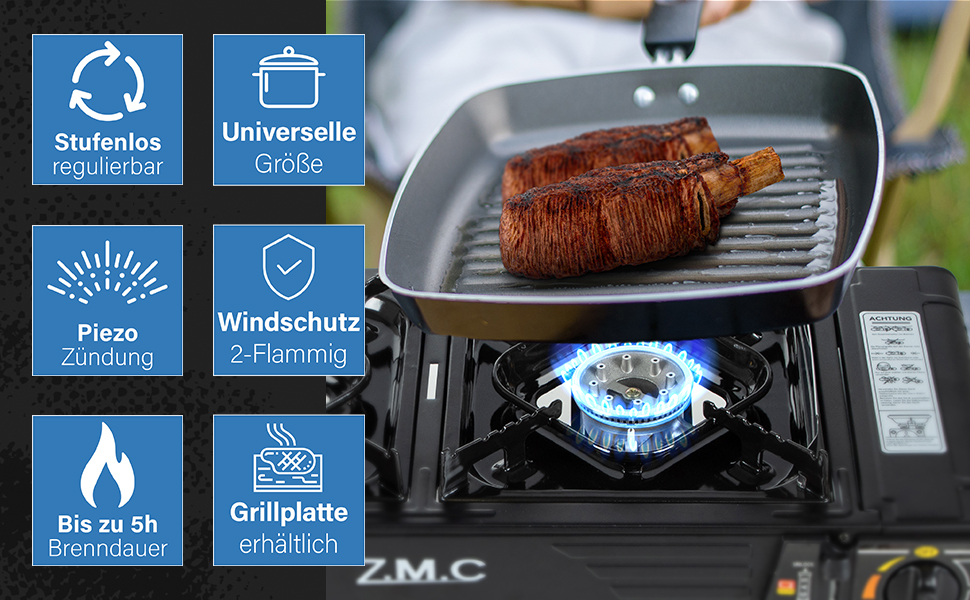 Преміум газовий набір для кемпінгу ZMC з 2 конфорками, 2,5 кВт, Piezo-запалювання, валіза для транспортування. Ідеально для відпочинку на природі, балкону та дому. Включає гриль-плиту 45×24 см та 227г газові картриджі.