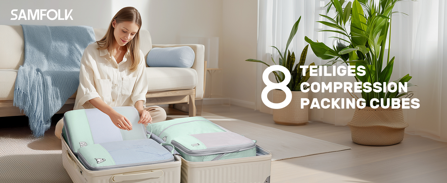 Набір компресійних органайзерів для подорожей Packing Cubes, 8 шт, для валізи та рюкзака, м'ятно-зелений