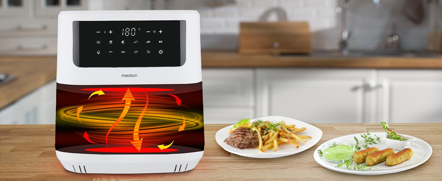 Аерофритюрниця MEDION P10 XL Duo 6,8 л, 2150 Вт, XXL Airfryer з двома нагрівальними елементами, 9 програмами та сенсорним керуванням, біла