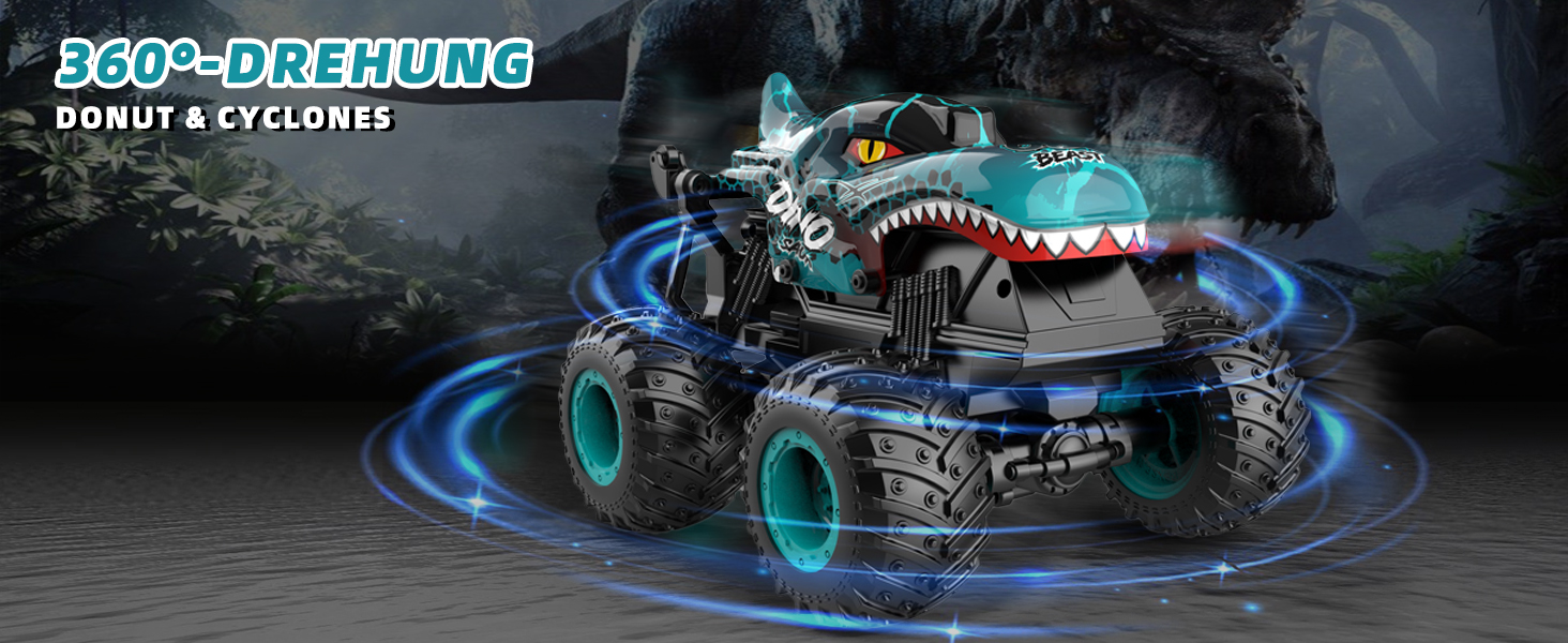 RC Monstertruck 1:20 2.4GHz Динозавр – Радіокерований позашляховик, 20 км/год, LED, Музика, для хлопчиків та дівчаток від 3 років, Зелений