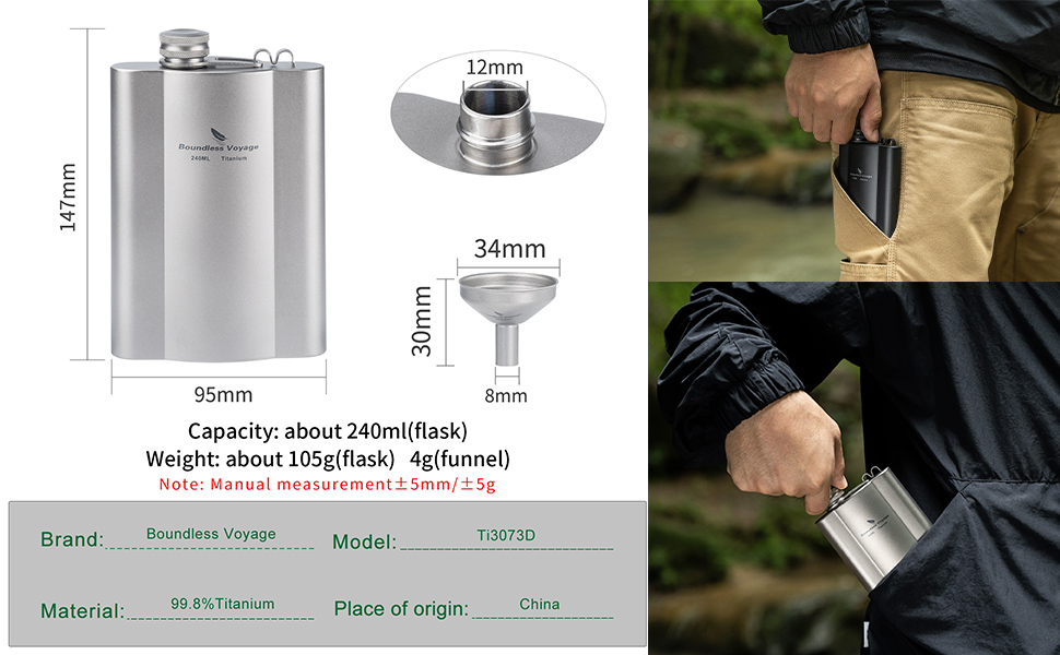 Фляга з титану iBasingo 180 мл - Ultraleichter Flachmann для алкоголю, подорожей, кемпінгу. Ti3071D