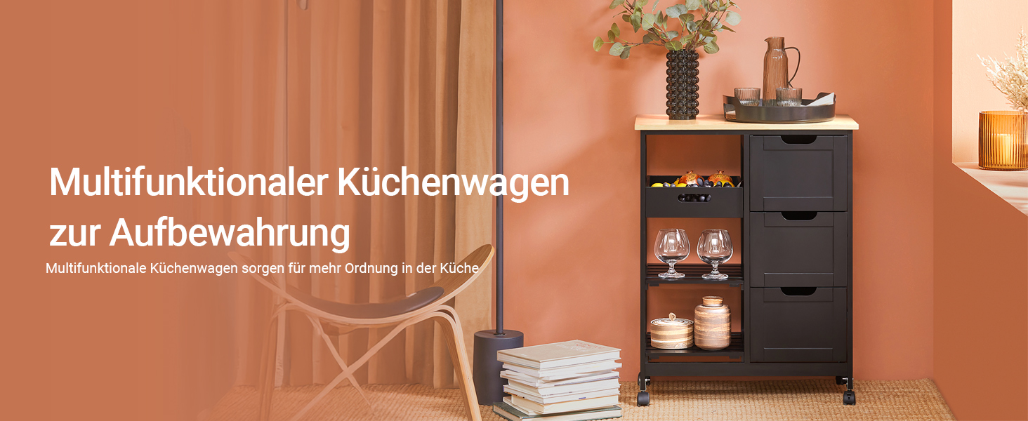 Сервізний візок SoBuy з колесами - кухонний візок з 2 знімними полицями та 1 підносом - додатковий візок на колесах для кухні, вітальні, їдальні - чорний, 68x85x38 см, до 50 кг, МДФ, FKW79-SCH