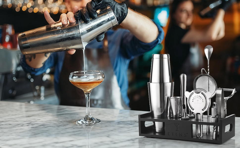 Набір для коктейлів 15 предметів: шейкер бостонський, джигер, сито, відкривачка, ложка для коктейлів - Барменський набір для приготування коктейлів