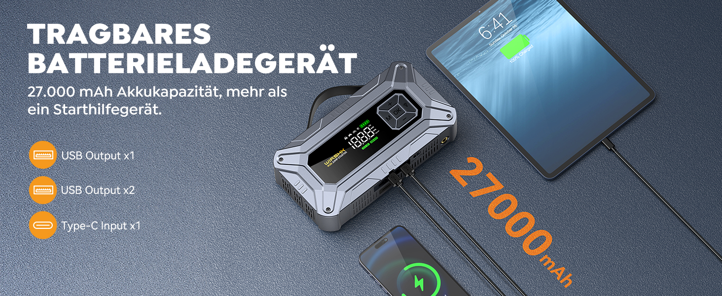 Портативний пусковий пристрій 8000A з повітряним компресором 160 PSI для бензинових та дизельних двигунів (до 10л), з дисплеєм та аварійною світлодіодною лампою