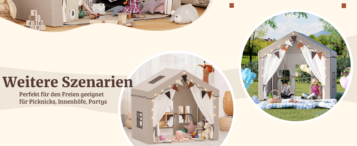 Дитяче намет-будиночок EROMMY 2-в-1 з килимком, прапорцями та світлодіодними смугами, двостулковими дверима, даховим вікном, для дому, вік 3+, коричневий