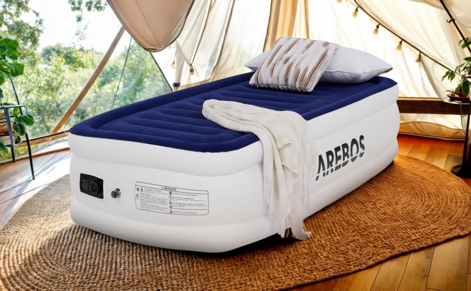 Надувний матрац Arebos | Самостійно надувний матрац 203 × 95 × 51 см для 1 особи | Гостьовий матрац з електричним насосом | Надувний матрац з сумкою для транспортування для кемпінгу/до дому | (Синій/Білий)
