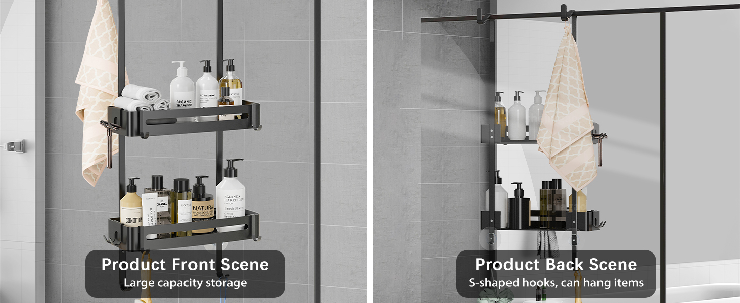 Настінна поличка для душу без свердління, чорна, для скляних душових кабін, регульована висота, 3 гачки для шампуню та гелю для душу