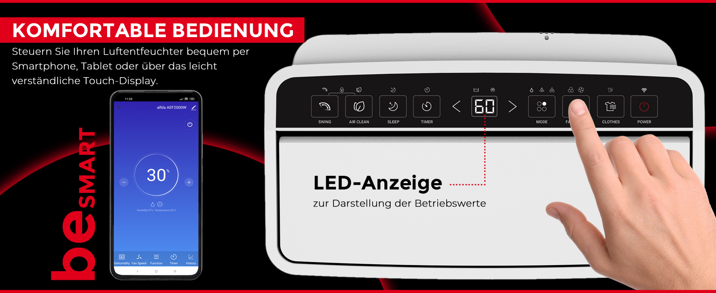 Електричний осушувач повітря AEF2000 - 20 л/день, до 30 м², тихий, з автовимкненням, гігростатом та сенсорним дисплеєм. Ідеально для спальні та ванної кімнати. З керуванням через додаток.