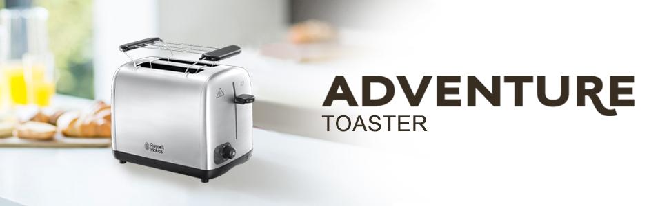 Тостер Russell Hobbs Adventure нержавіюча сталь на 2 тости, широкі слоти, підставка для булочок, 6 режимів, розморожування, підігрів, Lift & Look, 850W
